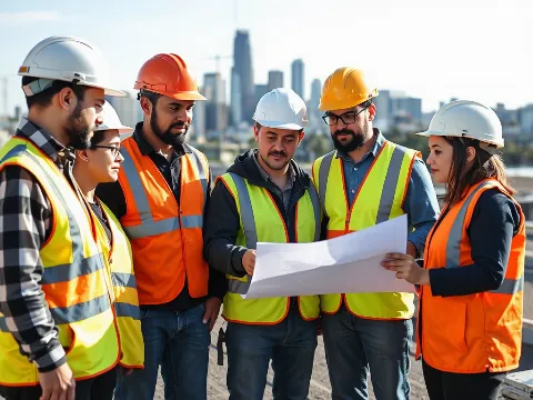 Commercial Roofing Sydney North team discussing plans on a blueprint